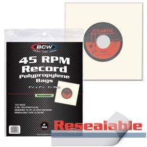 Package of BCW Resealable 45 RPM Record Bags on top of record in bag