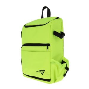Green Spectrum TCG Backpack, featuring a zippered main compartment and top compartment, a front pocket, a side playmat holder with a drawstring closure, and the Spectrum logo in black at the bottom corner