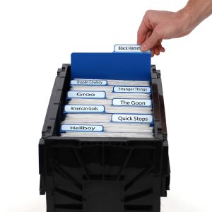 BCW Comic Book Dividers -Blue , showcased inside a BCW Short Comic Bin, displaying an organized collection using the dividers 