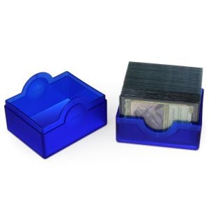 One Spectrum prism deck case - polished - Cobalt Blue, which is open and showing cards in BCW deck guards.