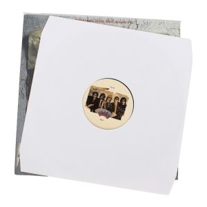 BCW 12 Inch Record Paper Inner Sleeve - Cut Corners - White, record inserting into the inner sleeve, laying on top of the LP cover
