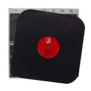 BCW 12 Inch Record Paper Inner Sleeves - Round Corners - With Hole - Black, record inserting into the inner sleeve, laying on top of the record jacket 