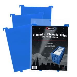 BCW Comic Book Bin Partitions - Blue packaging in front of 3 fanned out partitions, 3 per pack