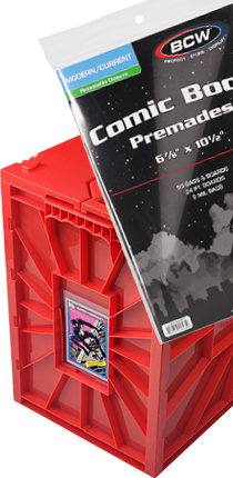 BCW Comic Category products, including Premade Bag & Board combo packs and a Red Comic Bin